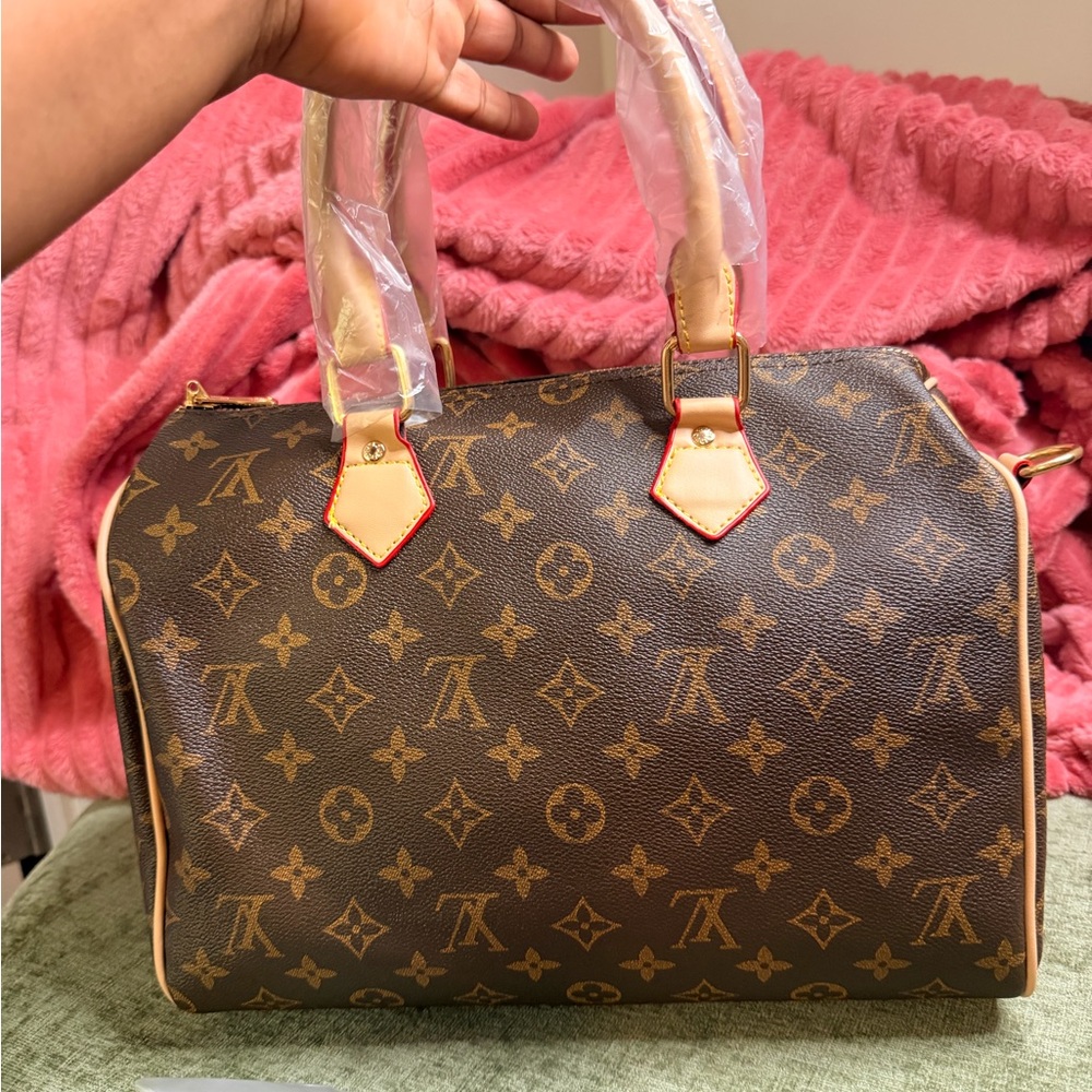 Source Unknown Brown Monogram Satchel with Tan Tr… - image 1